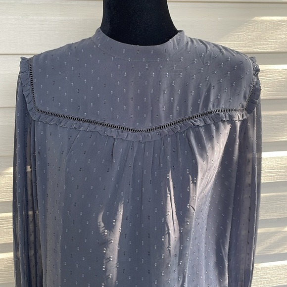 Ann Taylor grey high collared chiffon ruffled blouse with dots and subtle bling - Picture 3 of 13